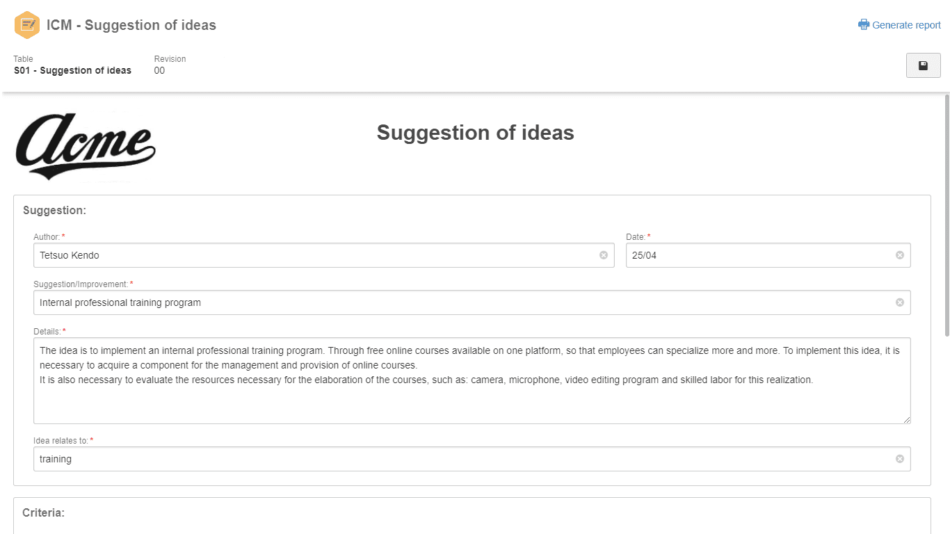 Capture and document ideas through a standardized form