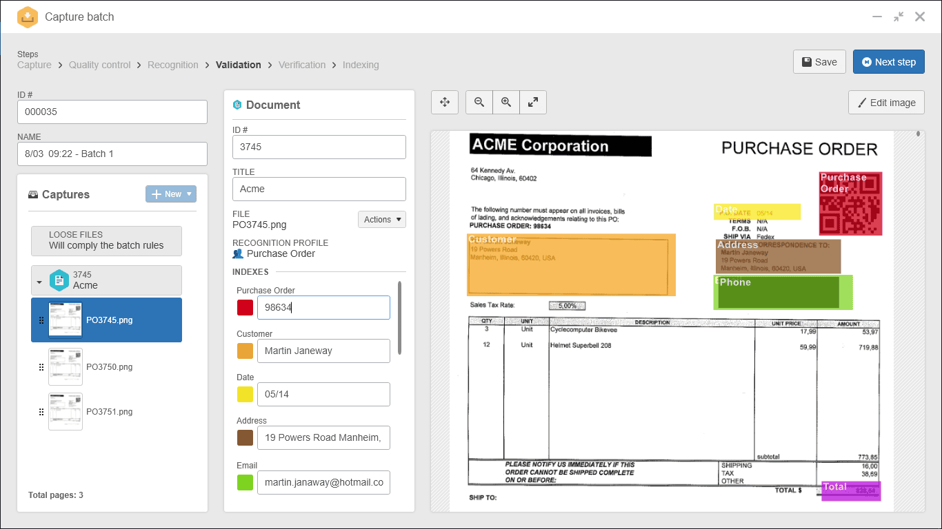 Image batch with data identification for OCR