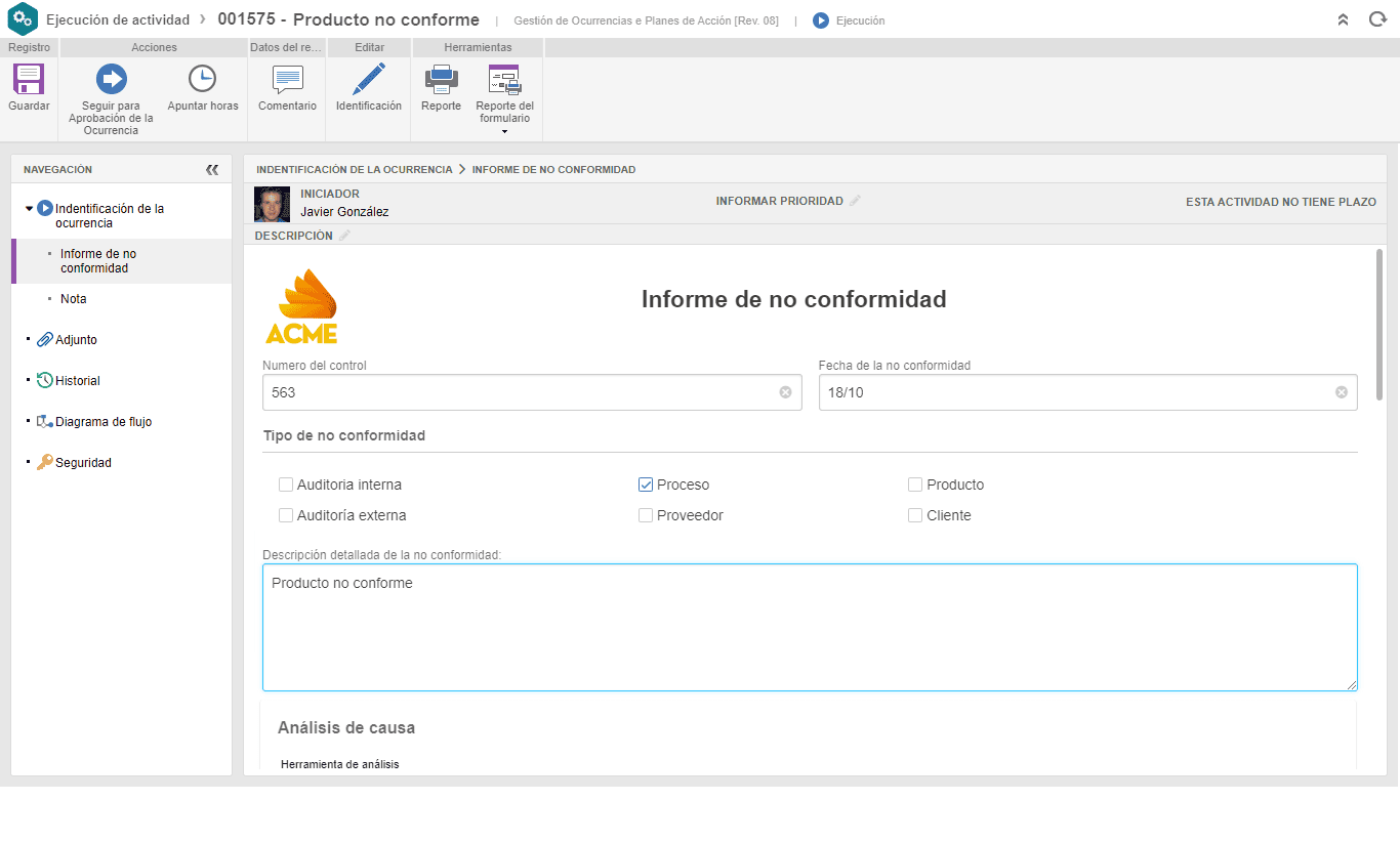 Registro de no conformidad