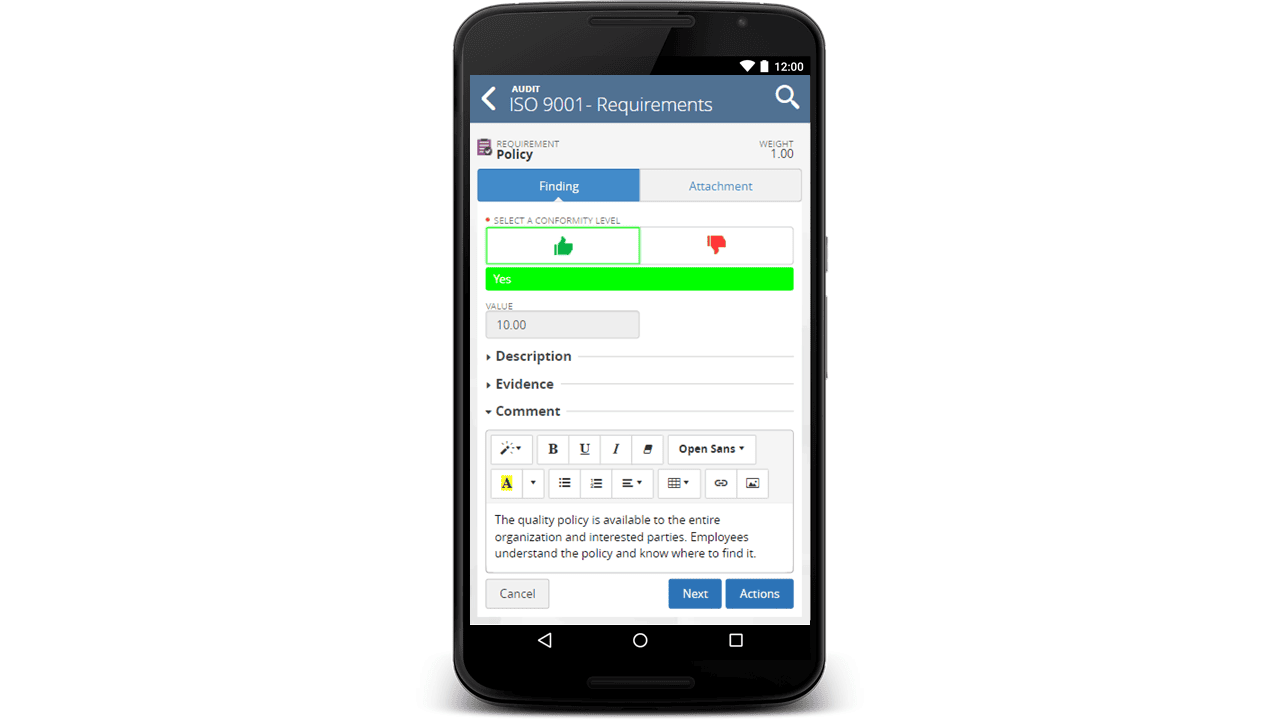 Recording audits and evidence on mobile devices