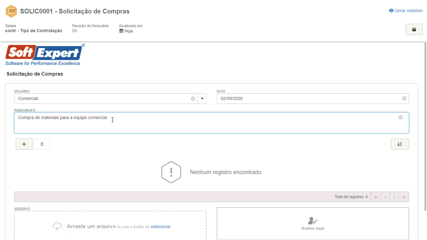 Formulário de solicitação de compra